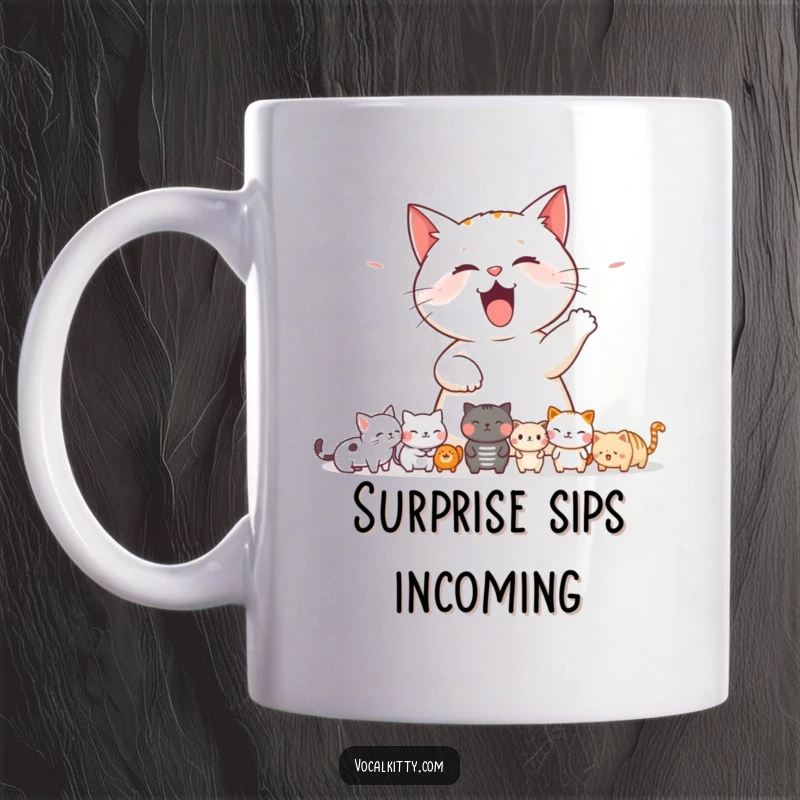 Funny cat mug showing a bold feline letting out a loud meow, startling a row of tiny, surprised woodland creatures.