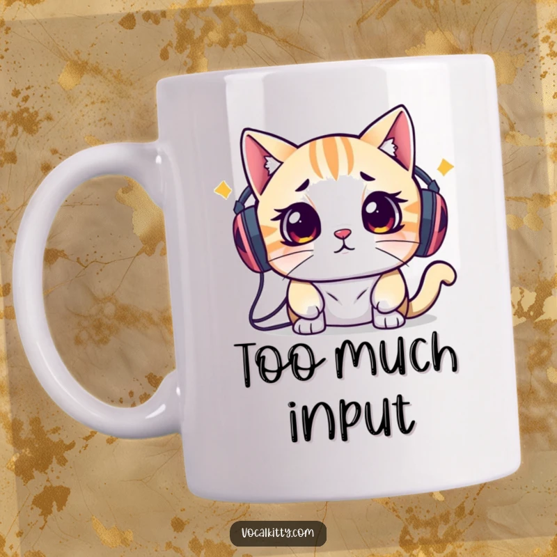 Funny mug featuring a cat with large speakers attached to its head looking utterly overwhelmed and stressed by the loud sound.