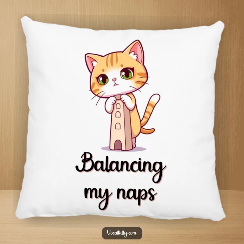 Funny Pillow featuring a cat with intense concentration, balancing a small tower, perfect for cozy focus.