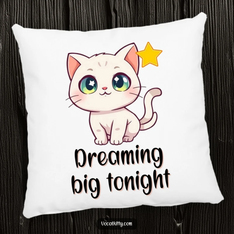 Funny Pillow depicting a cat with wide, sparkling eyes in pursuit of a shimmering star, promoting sweet dreams.