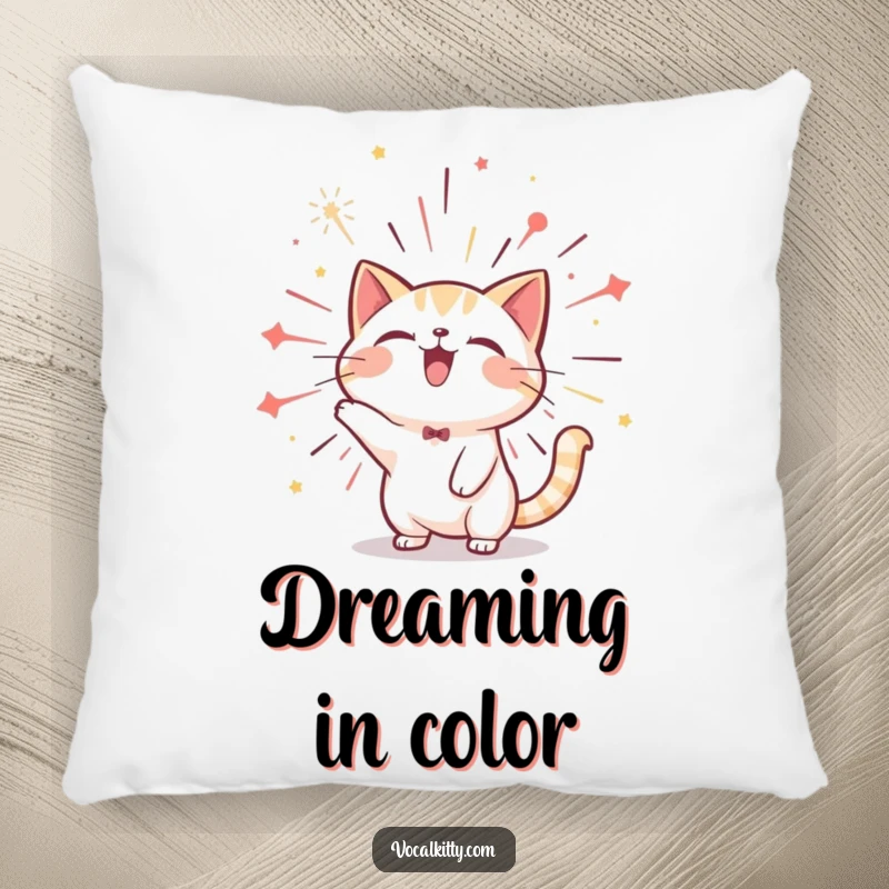 Funny cat pillow showing a character bursting with joyful sound in a firework-like spectacle, offering comfort and decorative cheer.