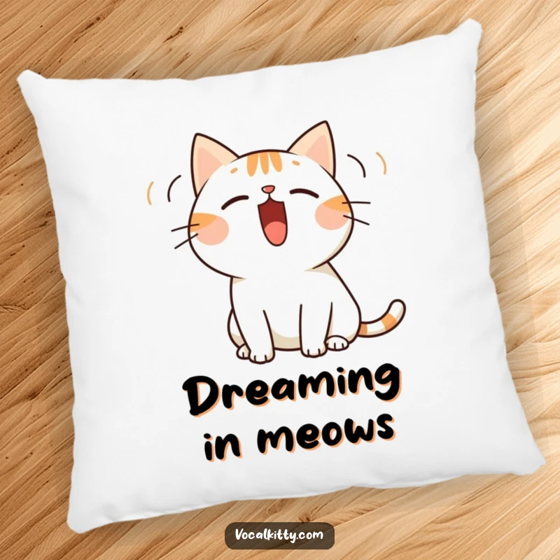 Funny pillow displaying a simplified cat character with its mouth wide open, emitting sound waves, symbolizing vocal expression.