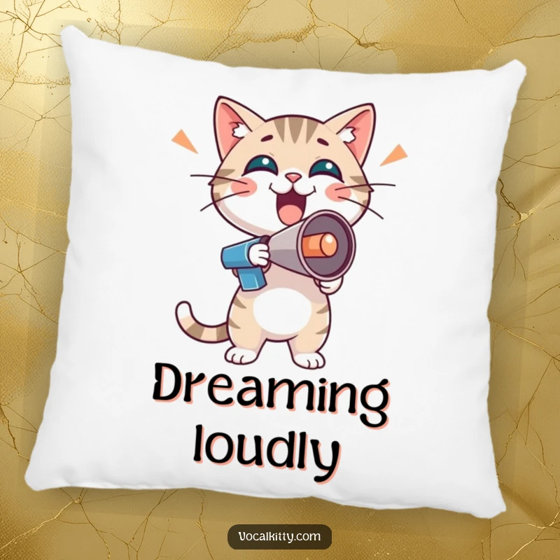 Funny cat character with a tiny megaphone, showing boisterous enthusiasm, on a soft pillow.