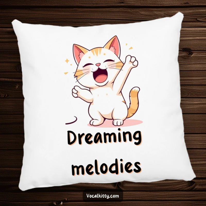 Funny pillow showcasing a cartoon cat in a grand, dramatic singing pose, adding a theatrical flair to any room.
