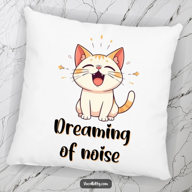 Funny pillow with a cat character emitting amplified sound waves, offering comfort and humorous representation of loud expression. Soft and amusing decor.