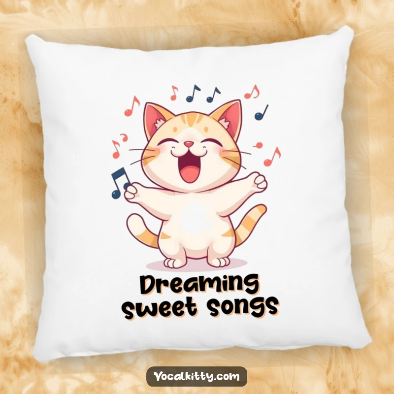 Funny Pillow featuring a cat character singing a joyful song with musical notes swirling around.