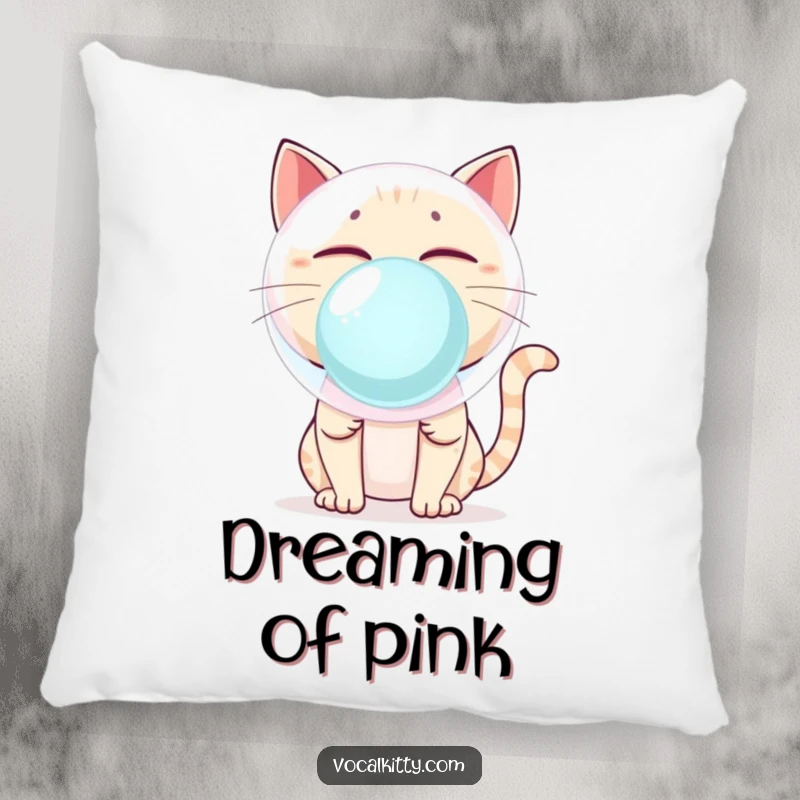 Funny Cat Blowing Giant Bubblegum Bubble About to Pop Pillow - Soft & Humorous