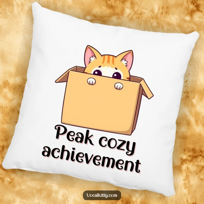 Funny cat pillow with a curious character peeking out from a large cardboard box, offering soft comfort and humorous visual intrigue.