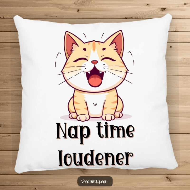 Funny cat pillow featuring a cat with its mouth wide open and sound waves emanating, representing a loud vocalization.