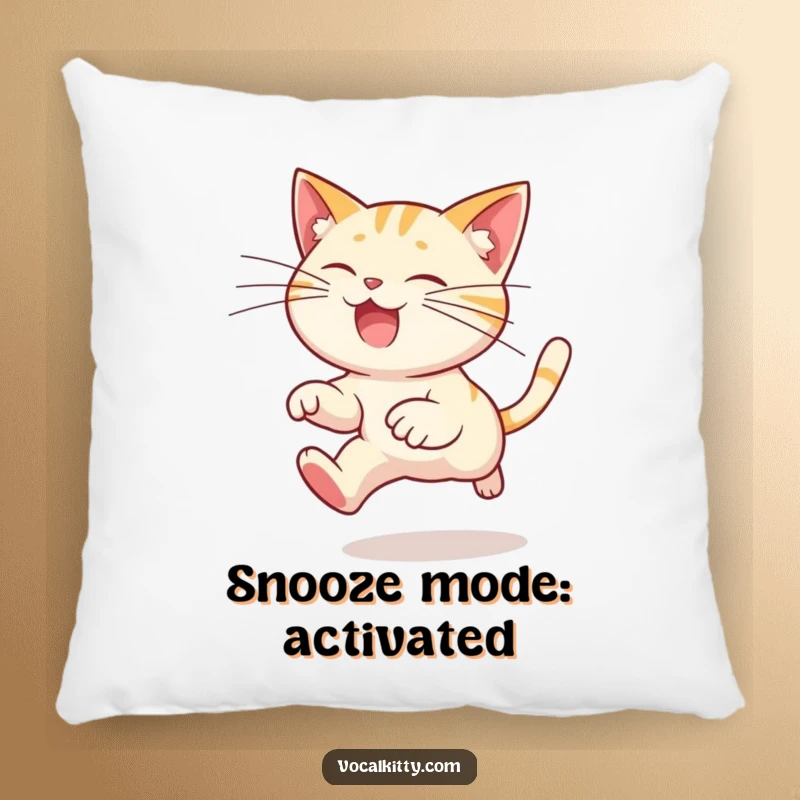 Funny cat pillow with a cartoon cat character in a dramatic leap, its excessively long whiskers trailing, bringing a touch of playful silliness.