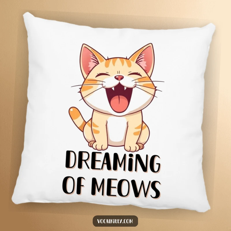 Funny Pillow featuring a cat with its mouth wide open in a loud, joyful roar, perfect for expressive comfort.