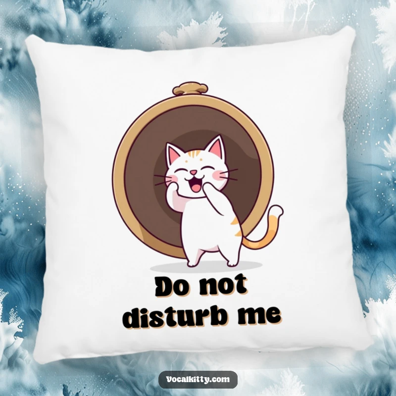 Funny cat character ringing a colossal bell with immense effort, creating a sound boom, on a soft, decorative pillow.
