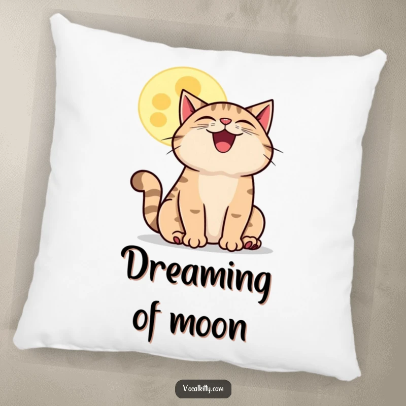 Funny howling cat moon pillow, featuring a grinning cat howling at a friendly cartoon moon, providing soft comfort and humor.