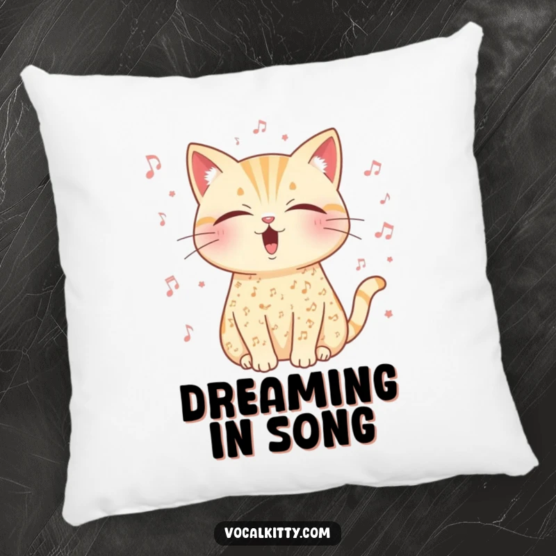 Funny musical cat pillow, adorned with music notes, eyes closed in peaceful vocal exertion.