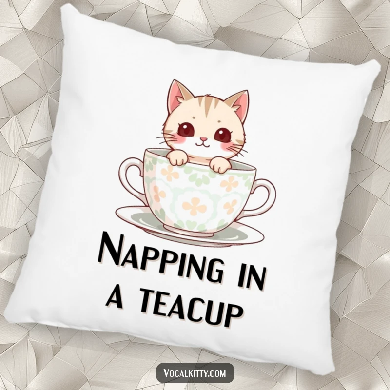 Funny Pillow featuring a cat peeking out from a large teacup, perfect for cozy, cute relaxation.