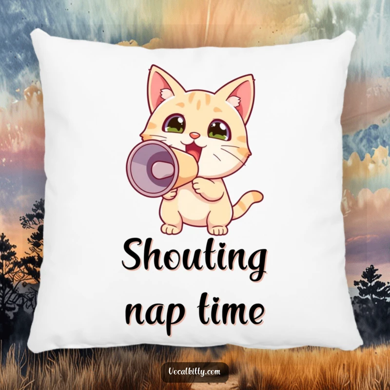 Funny pillow with a cute, tiny cat gripping a megaphone, its enthusiastic expression clearly conveying a moment of pure, delightful excitement.