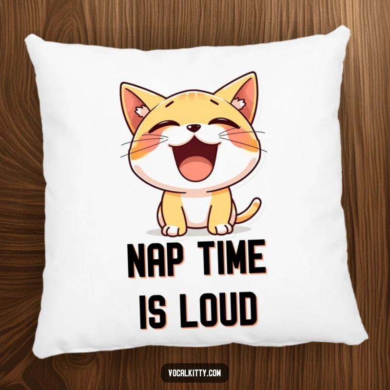 Funny pillow showcasing a tiny, spirited cat character yelling with a wide-open mouth, bringing a smile and warmth.