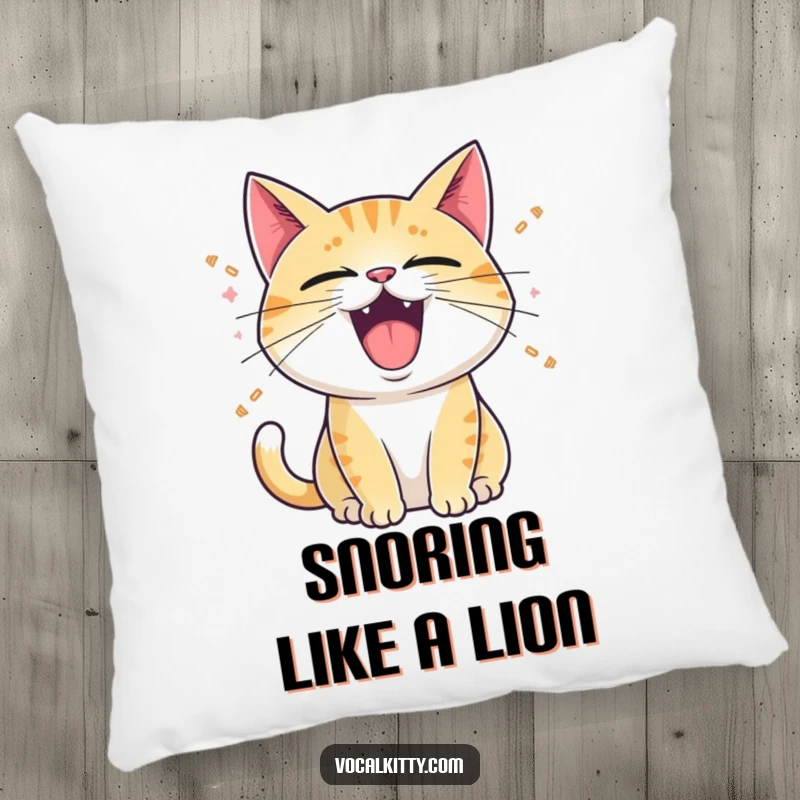 Funny Pillow: A plush pillow featuring a cat with its mouth open, emitting cartoon sound waves, offering vocal comfort.