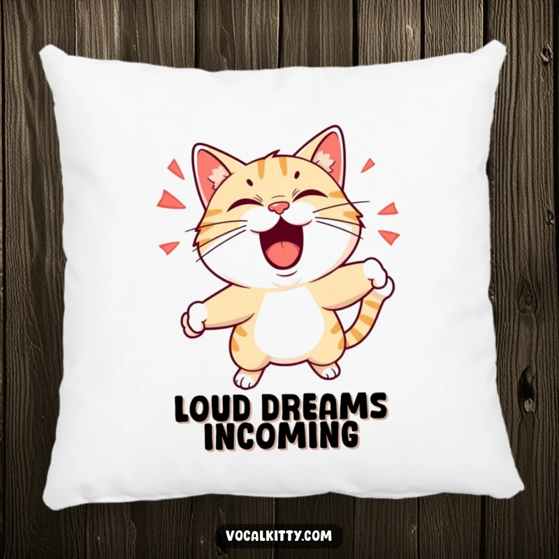 Funny pillow with a cat character playfully shouting with exaggerated expressions and dynamic motion, offering comfort and humorous decor. Soft and amusing.