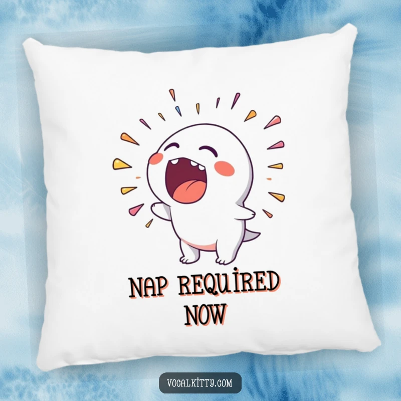 Funny pillow showcasing a character whose open mouth is producing a dazzling rainbow of noise, adding comfort and humor.