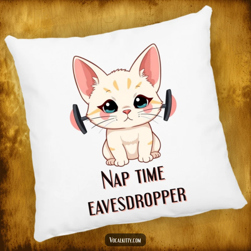 Funny pillow with a cat that has comically large ears, depicted in a listening posture, offering comfort and humor.