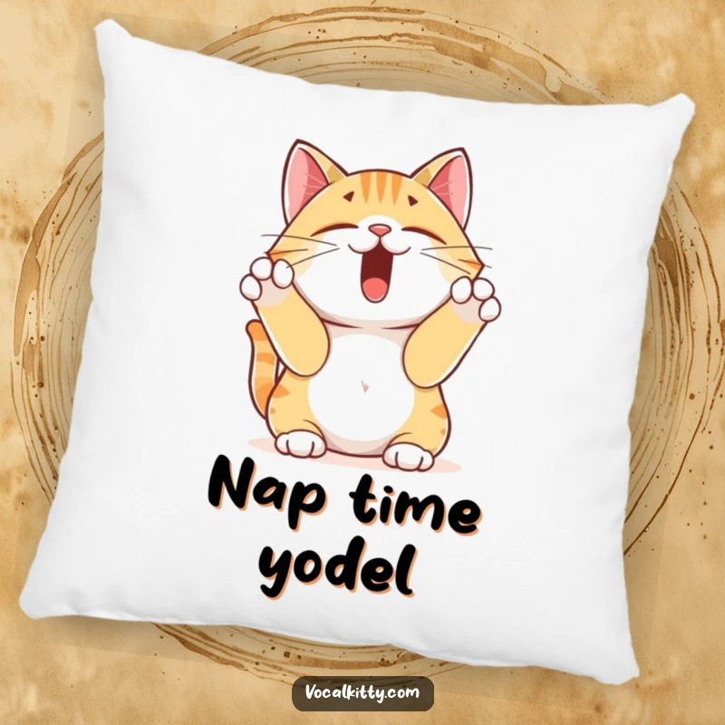 Funny yodeling cat pillow, a cat yodeling with its paws over its ears, radiating happiness and musical delight. Soft and humorous.