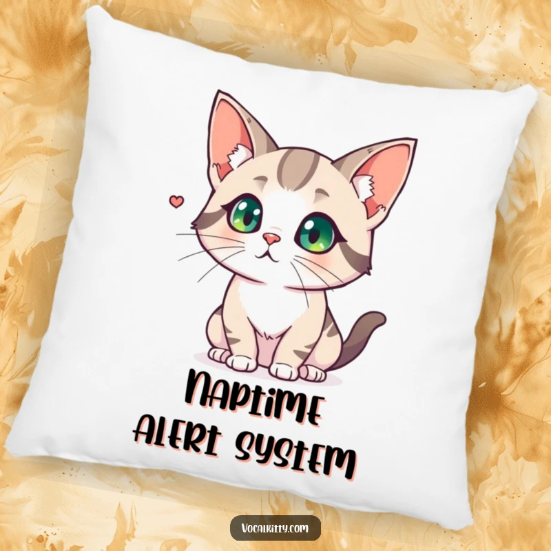Funny pillow displaying a cat with comically large, flared ears, showing intense focus on a subtle, distant sound.