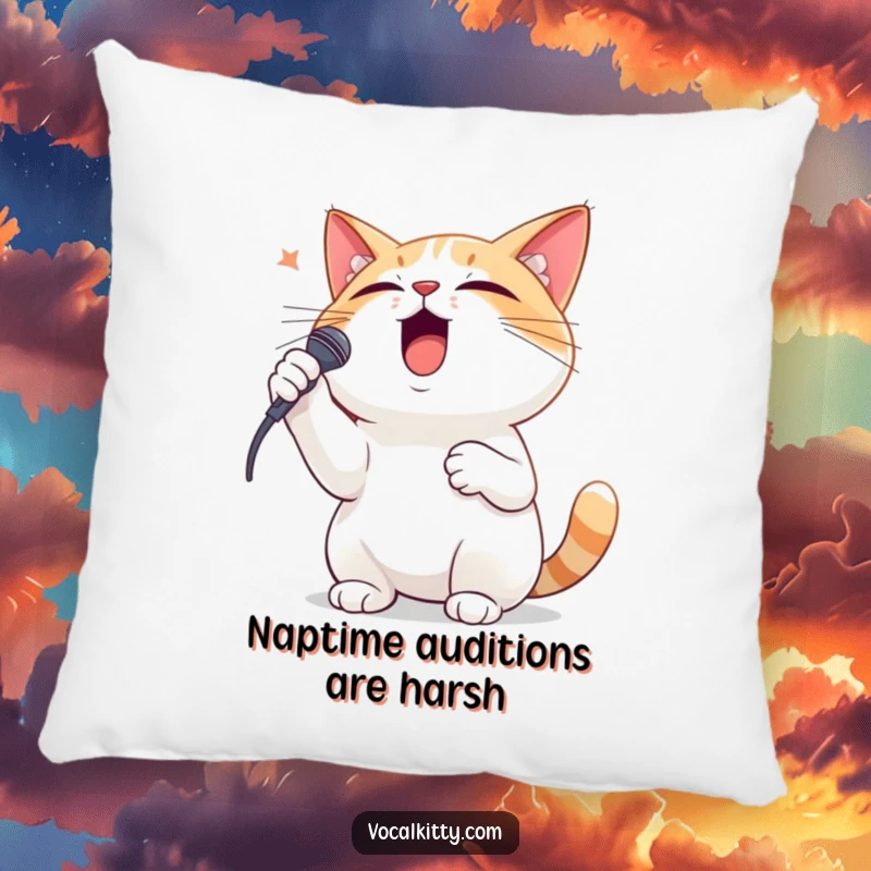 Funny pillow showcasing a dramatic cat singer with its paw on its chest, ready to deliver a powerful note.