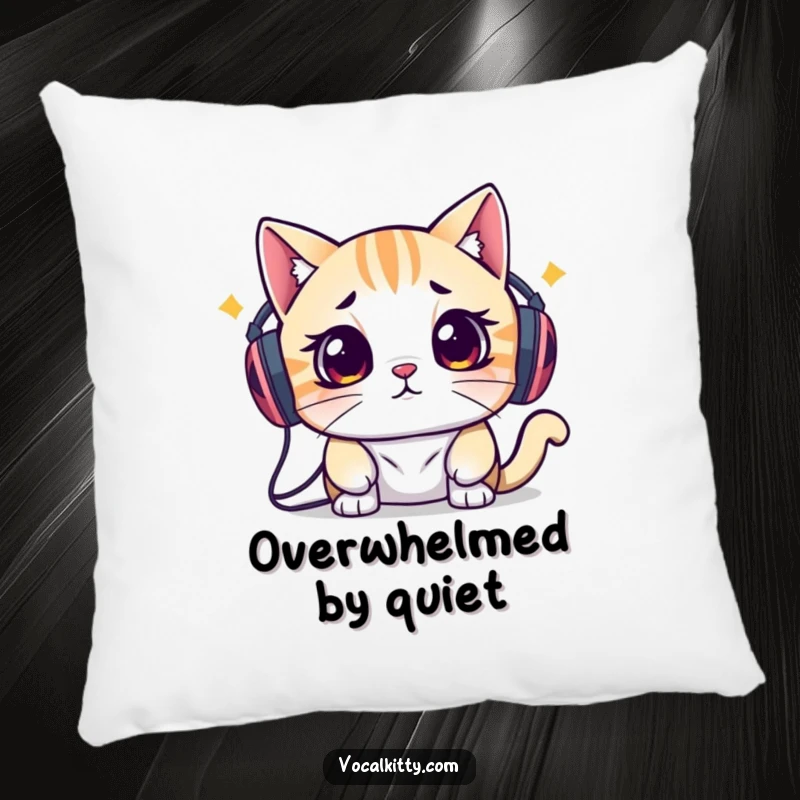Funny pillow displaying a cat with speakers on its head looking utterly stressed and overwhelmed by the loud, inescapable audio.