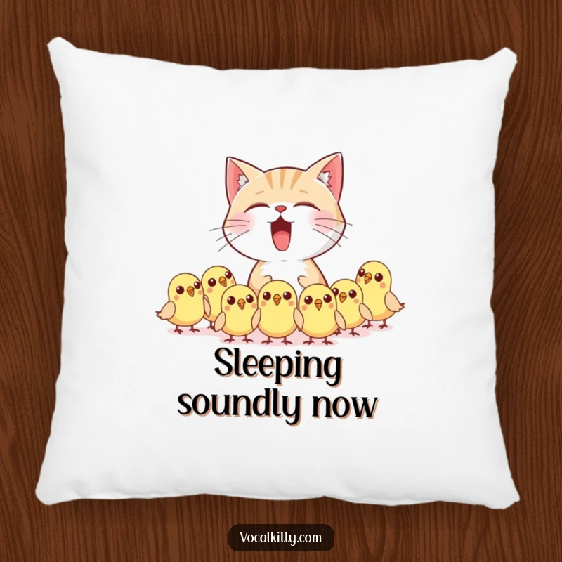 Funny cat character unleashing a loud meow, making tiny birds jump in fright, on a soft pillow.