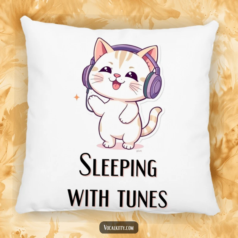Funny pillow featuring a cat wearing oversized headphones, bouncing to loud music, creating a cozy and fun atmosphere.