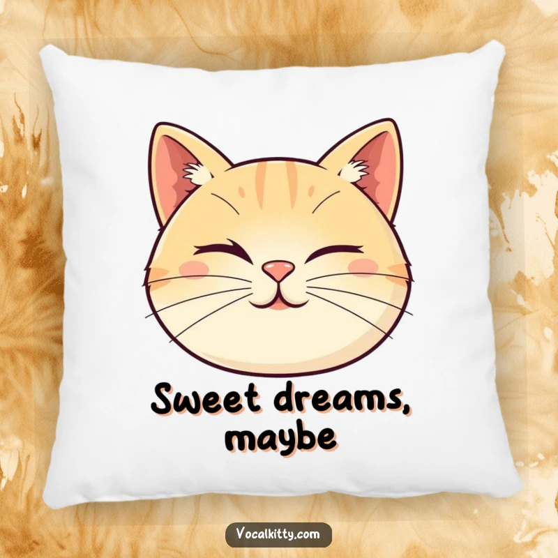 Funny cat pillow adorned with a cartoon cat face where whiskers form a playful wink, providing cozy comfort and humorous appeal.