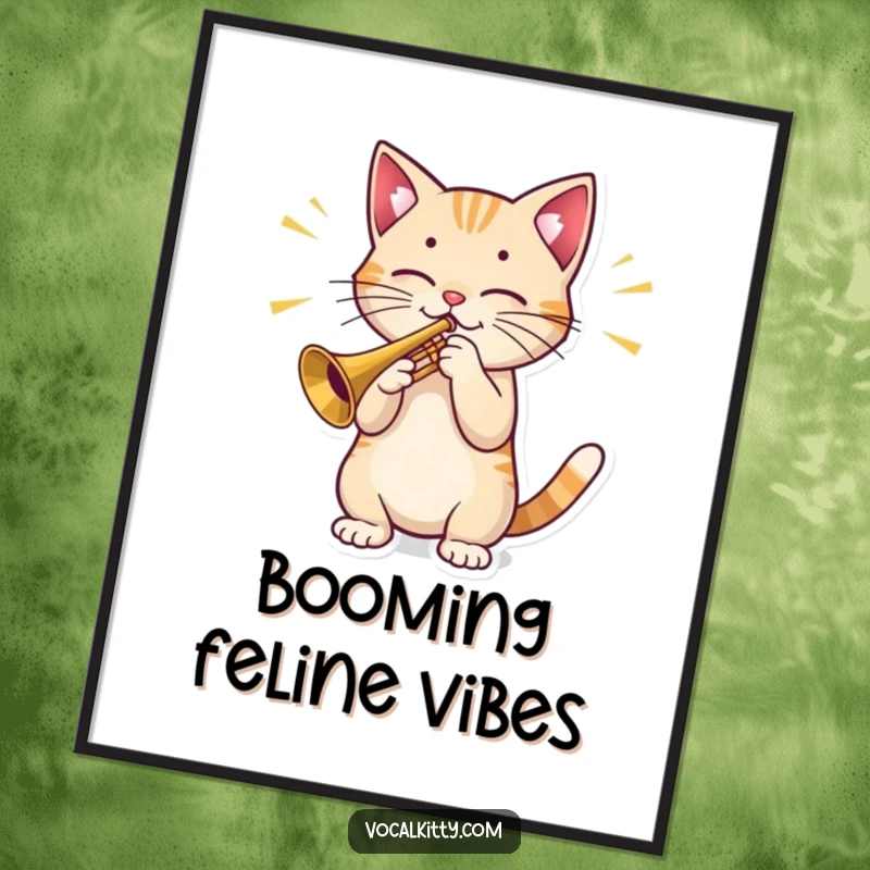 Funny Cat Digital Art: A downloadable image of a cat playing a miniature trumpet, with prominent sound waves indicating its loud musical performance.