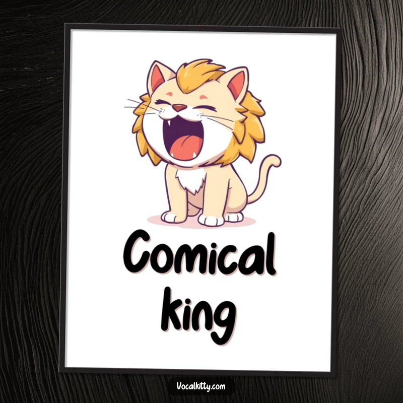 Funny cat roaring like a miniature lion, comical intensity, digital art print.