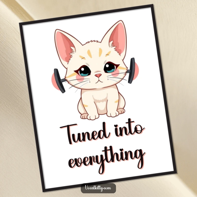 Funny digital art print of a cat with comically large ears, straining to hear, perfect for humorous wall decor.