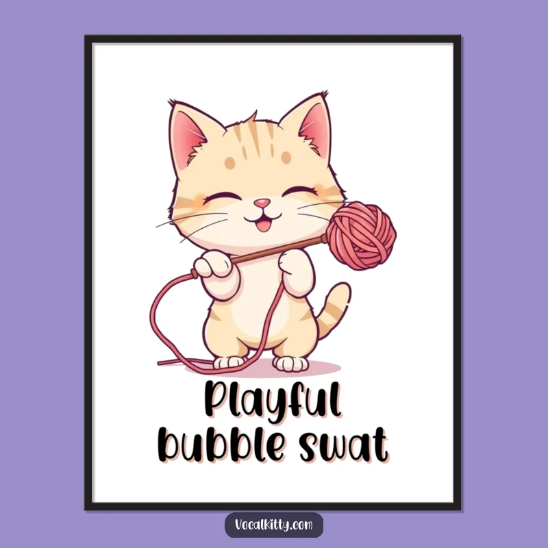 Funny Bubble Batting Cat Digital Art Print, Playful Wall Decor