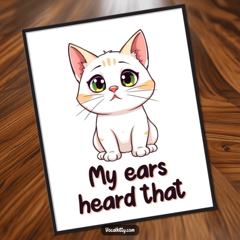 Funny digital art print of a cat with comically large ear canals looking startled and surprised, symbolizing relatable jumpiness for wall decor.