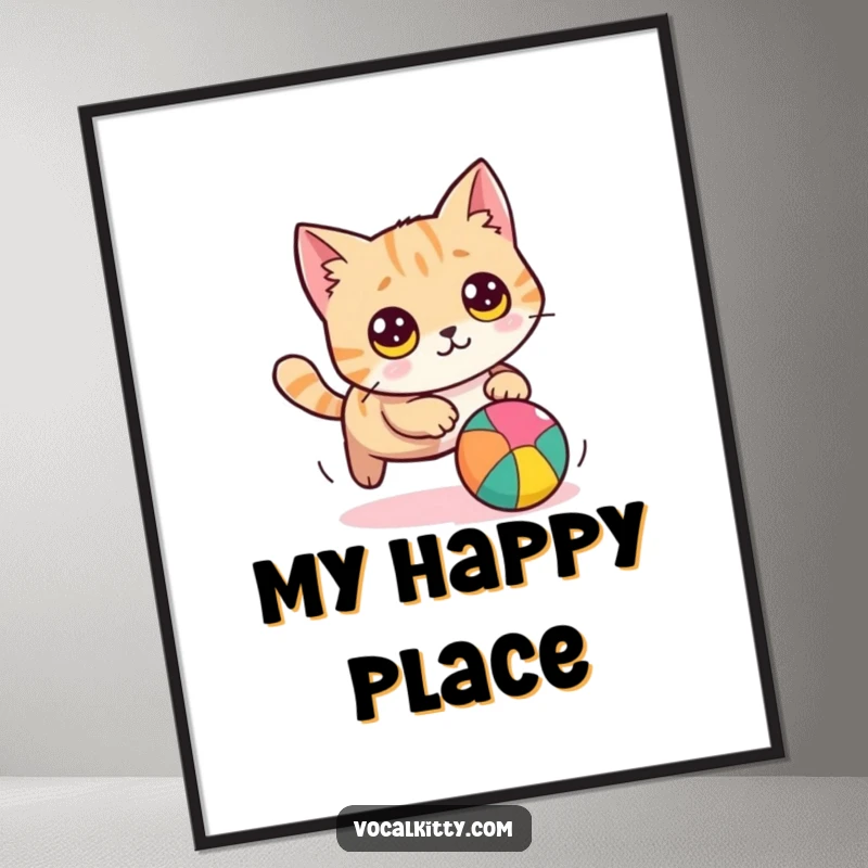 Funny cat digital art print of a round cat with wide eyes, joyfully chasing a colorful ball, offering humorous and vibrant decor.