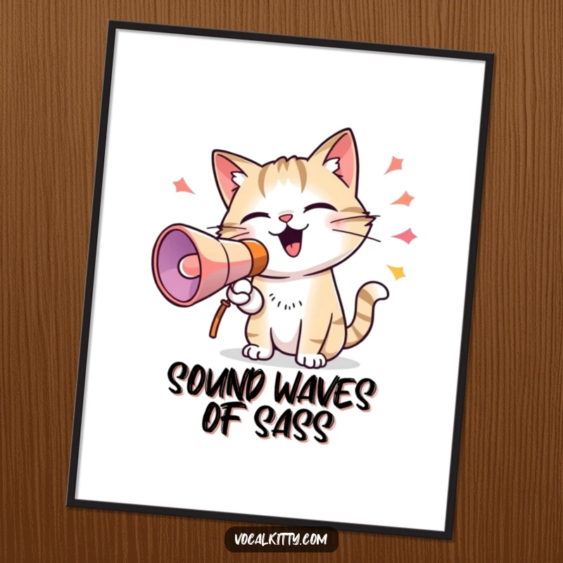 Funny digital art print of a cat using a megaphone to emit colorful sound waves, symbolizing a loud and expressive feline for wall decor.