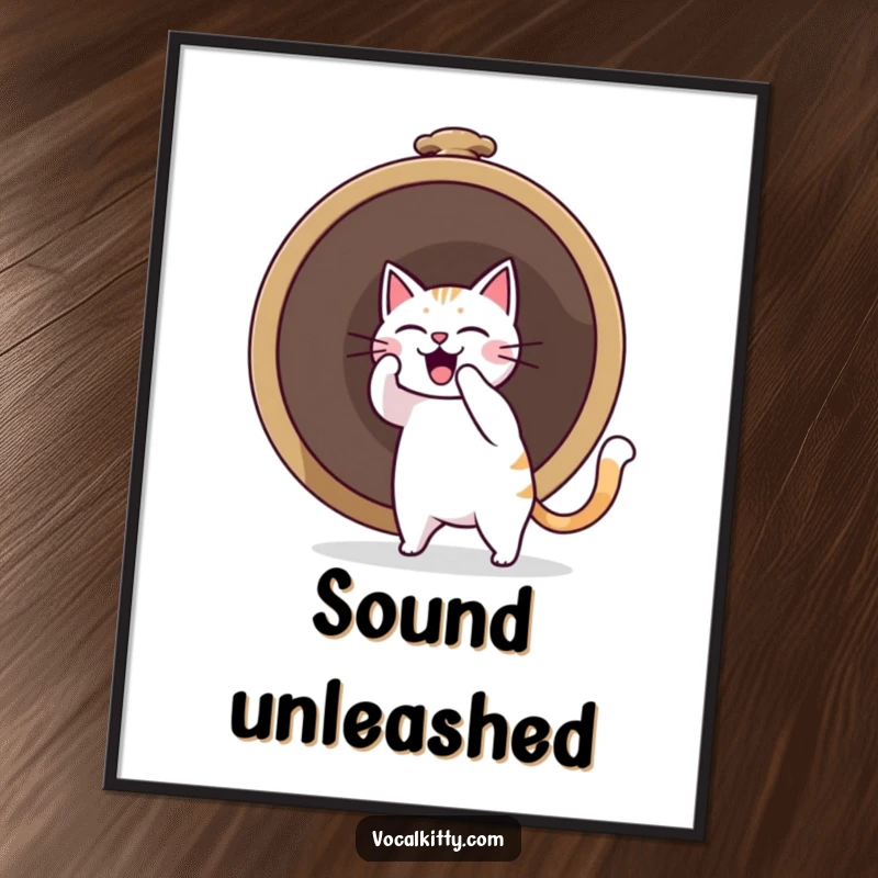 Funny cat character ringing a giant bell, creating a dramatic sound boom, as a digital art print.