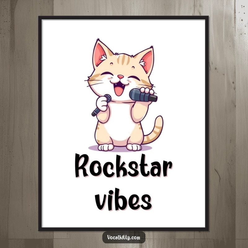 Funny digital art print of a small cat holding a microphone, paws raised, belting out a tune with humorous intensity.