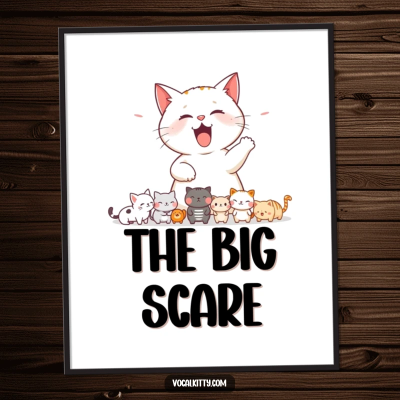 Funny cat unleashing a loud meow that comically startles a row of tiny, wide-eyed animals in vibrant digital art.