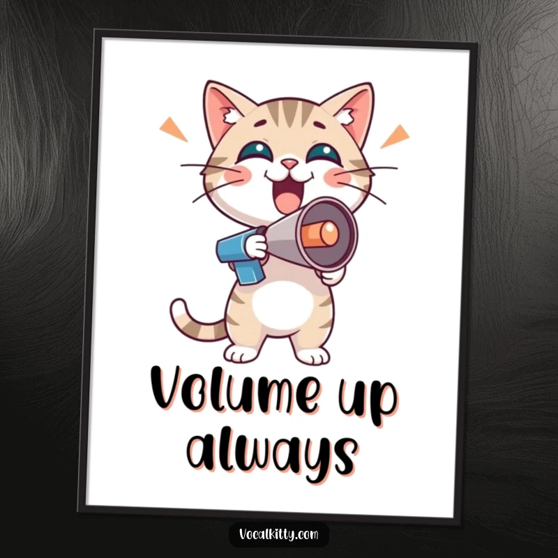 Funny cat character with a tiny megaphone, exuding boisterous enthusiasm, as a digital art print.