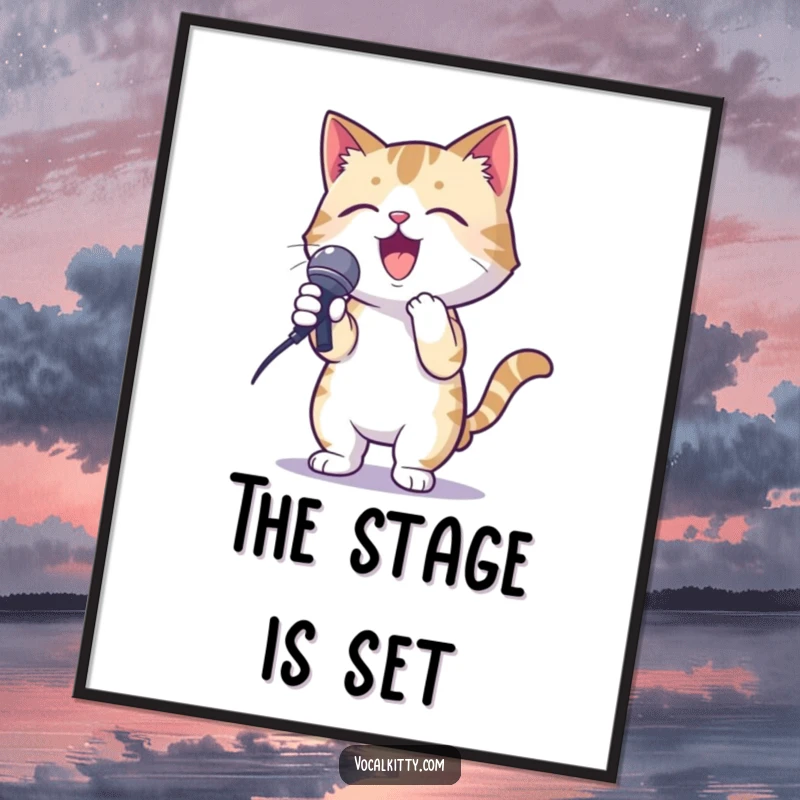 Funny digital art print of a cat in a karaoke pose, holding a microphone with gusto, for wall decor.