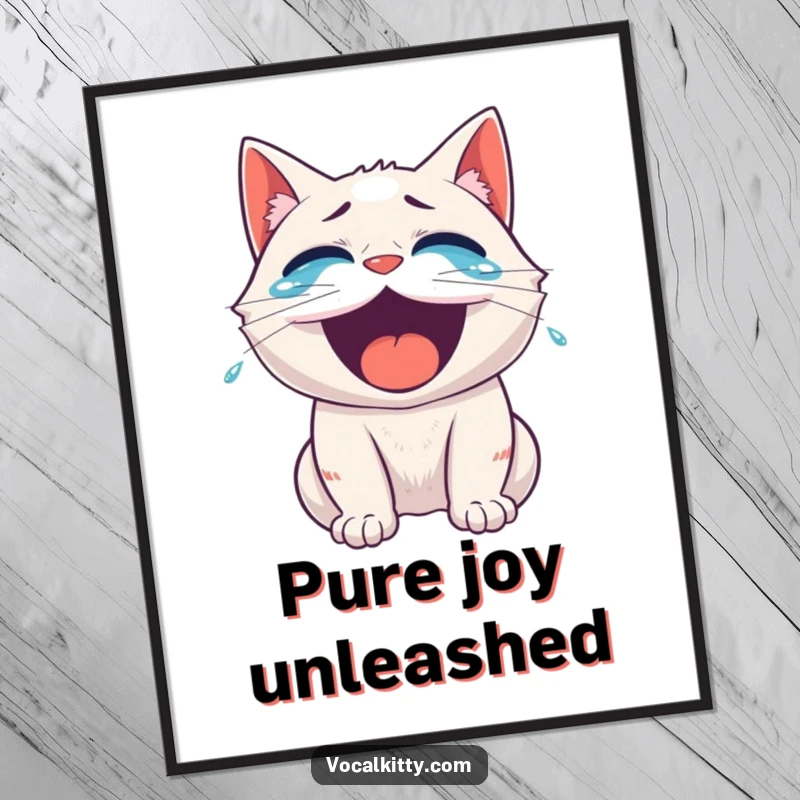 Funny roaring laughter cat digital art print, tears of joy streaming, capturing the essence of pure comedic delight. Printable art.