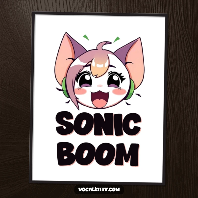 Funny digital art print of a character with oversized ears, emitting prominent sound waves from a wide-open mouth. Bold and expressive.