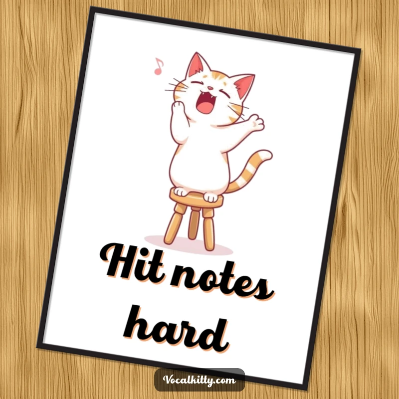 Funny singing cat digital art print of a feline on a stool, belting out a song with gusto.