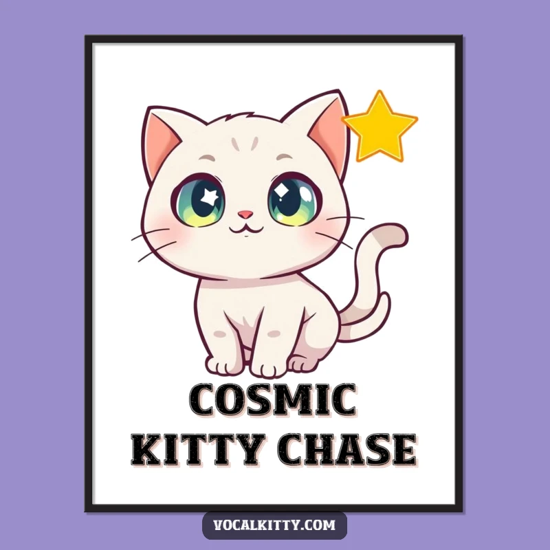 Funny Star Chasing Cat Digital Art Print, Magical Wall Decor