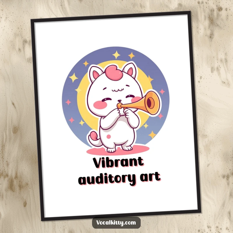 Funny digital art print of a character using its voice box as a trumpet, radiating colorful and vibrant musical sound waves.