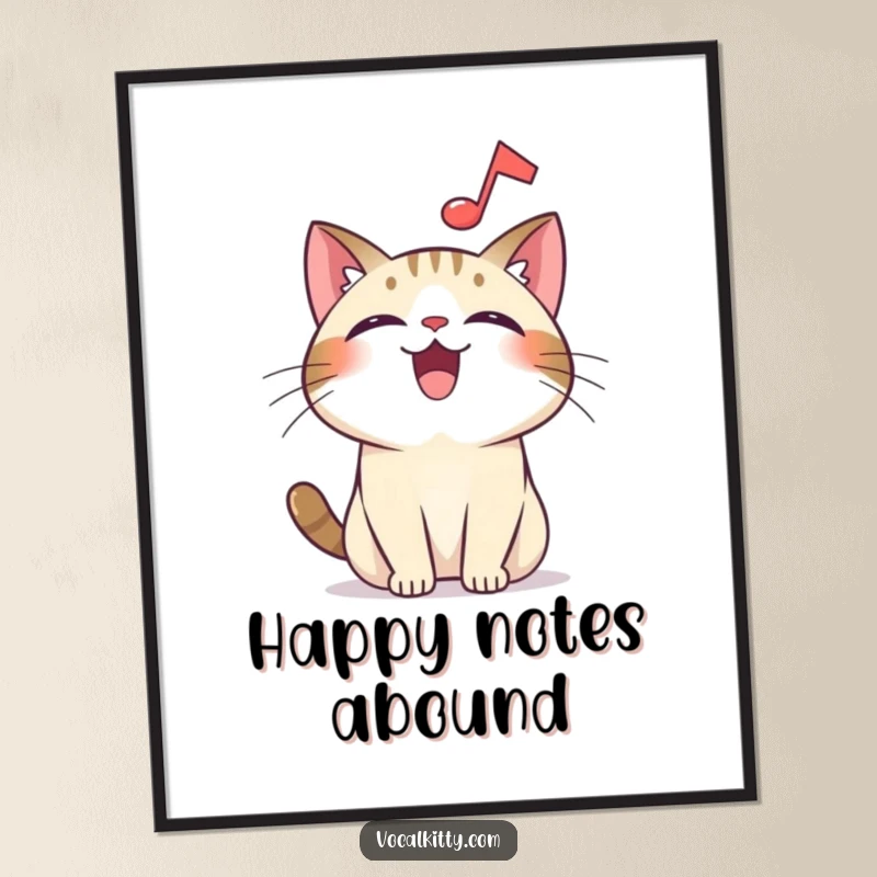 Funny overjoyed cat digital art print, a musical note symbolizing happiness and a love for music. Printable art.